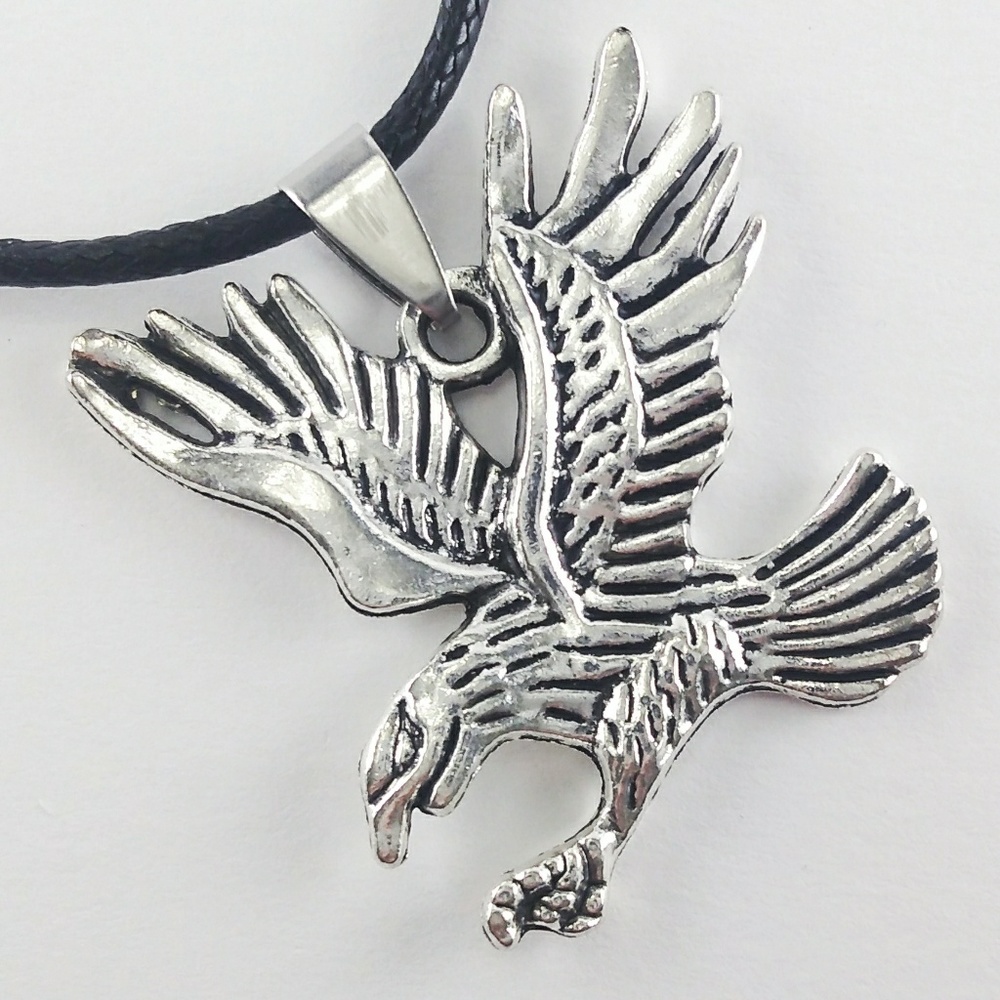 Big Silver Eagle Black Cord Necklace